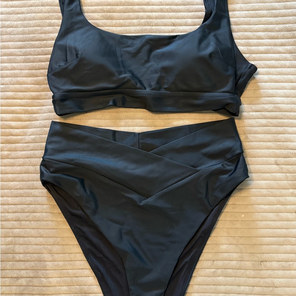Aerie Black Bikini Set: scoop bikini top & high waist/high cut bottoms